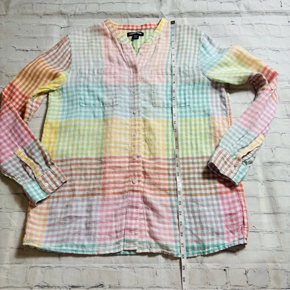 Lands End Women’s Petite M Pastel Patchwork Gingham Plaid Linen Rainbow Top - Picture 7 of 11